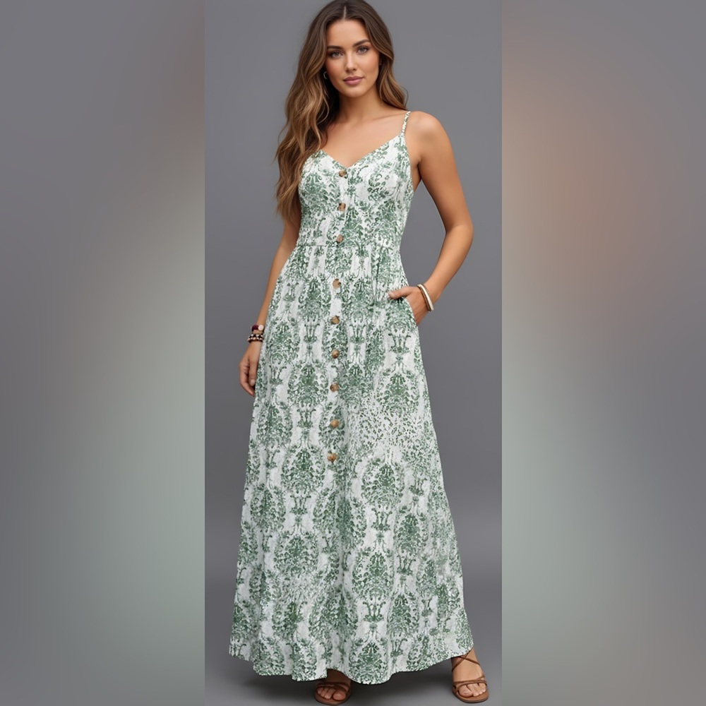 Last One π₯ Boho Sleeveless V-Neck Casual Maxi Swing Dress Green - Picture 3 of 9
